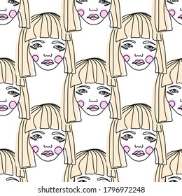 Continuous line face women seamless pattern - Vector Endless Background Fashion Female Portrait one line Style