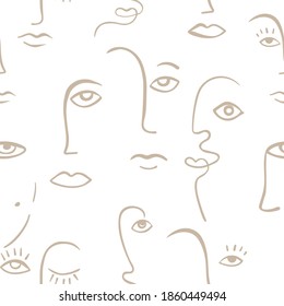 Continuous line face women seamless pattern - Modern abstract faces - Vector Endless pastel Background Fashion  Portrait one line minimalist Style