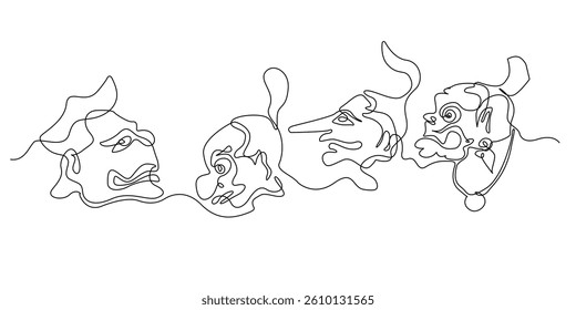 Continuous line of the faces of the Punakawan characters in the Indonesian wayang story. Vector illustration of a single line drawing of the heads of Semar, Gareng, Petruk and Bagong.