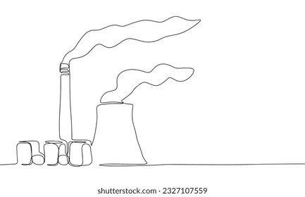 Continuous line factory art. Single line pollution air concept. Line art, outline, banner in minimalism style. Vector illustration