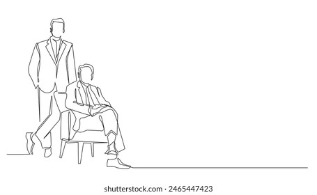 continuous line of family business.one line drawing of son inheriting parent's company.single line of business man taking photo with his father who owns the company