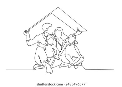 continuous line of family insurance.single line vector of family holding artificial roof.family insurance concept one line drawing