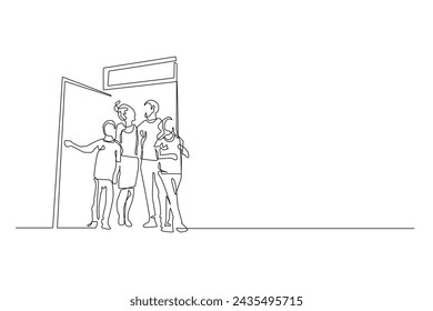 línea continua de la familia abriendo la puerta. vector de línea única de la familia abriendo una nueva casa. concepto de nueva residencia en un dibujo de línea