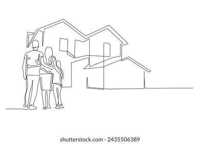 continuous line of the family's dream house. one line drawing of the family looking at the dream house. the family hugging looking at the dream house in the line drawing