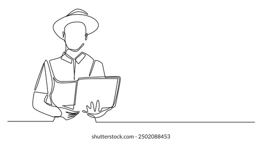 continuous line of farmers innovating with AI technology.one line drawing of farmer using laptop.farmer using AI technology.single line vector illustration.isolated white background