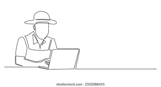 continuous line of farmers innovating with AI technology.one line drawing of farmer using laptop.farmer using AI technology.single line vector illustration.isolated white background