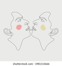Continuous line, fashion concept drawing of a set of faces. Woman beauty minimalist style, vector illustration for t-shirt, graphic print design