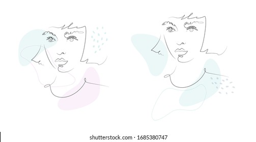 Continuous Line Fashion Illustration, Drawing Of Woman Face, Female Minimalist Portrait With Absract Geometric Pastel Colors. One Line Continuous Drawing. Vector.