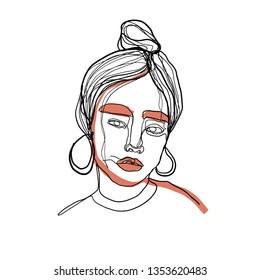 Continuous line fashion woman portrait in minimalism simple modern style. Graphic hand drawn vector illustration. 