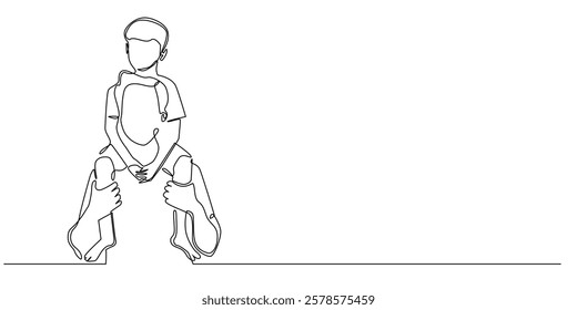 continuous line of father carrying son on shoulders.one line drawing of child on parent's shoulders.single line vector illustration.isolated white background