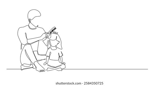 continuous line of father combing daughter's hair.one line drawing of father and daughter relationship.single line vector illustration.isolated white background