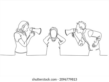 
a continuous line of father and mother pointing the loudspeaker at their child