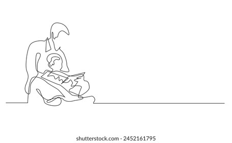 día del padre una línea que dibuja concept.continue línea del padre que lee el libro de cuentos de los niños.antecedentes del día del padre