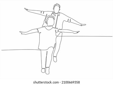 
continuous line father and son dancing happily