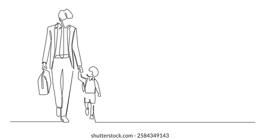 continuous line father and son.one line drawing of father in suit and son in school uniform walking together.single line vector illustration.isolated white background