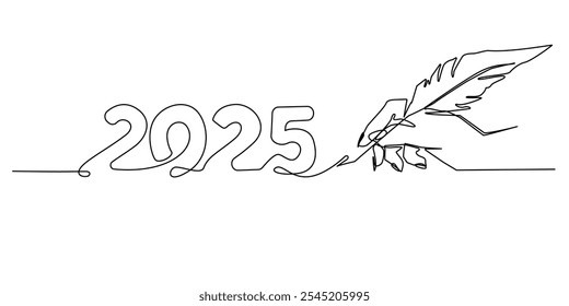 continuous line feather pen writing 2025.one line drawn 2025 new year anniversary sign.single line vector illustration.isolated white background