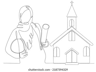 
continuous line female architect building church vector illustration