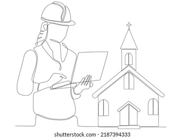 
continuous line female architect building church vector illustration