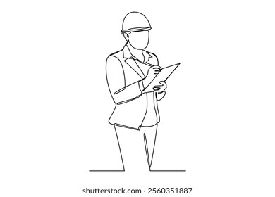continuous line female architect records work progress