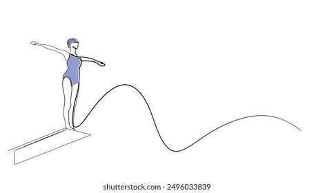 continuous line of female athletes standing on swimming diving board. prepare to dive. one line drawing. line art vector illustration.isolated white background