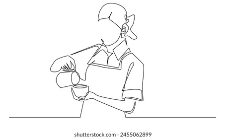 continuous line female barista.one line drawing of female barista making coffee.single line vector illustration.isolated white background