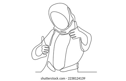 continuous line of female dressed in hijab showing thumbs up sign