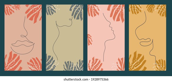 Una línea continua de rasgos faciales femeninos en las portadas de las plantillas abstractas de hojas tropicales de Boho para los medios sociales. Ilustración vectorial de antecedentes universales modernos.