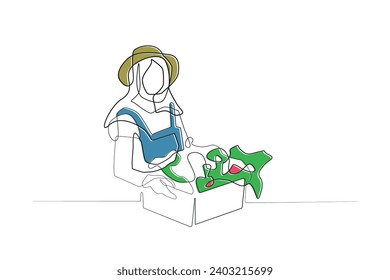 kontinuierliche Linie des weiblichen Landwirts.Zeichnen einer Linie von Frau, die landwirtschaftliche Erzeugnisse hält.Obst, frisches Gemüse.isolierter weißer Hintergrund