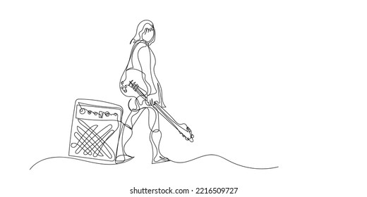 continuous line of female guitarist. line drawing of a woman carrying a guitar standing next to an amplifier