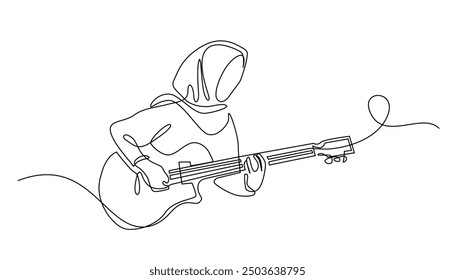 continuous line of female guitarist in hijab.one line drawing of girl in hijab playing guitar.single line of content creator,female musician.isolated white background