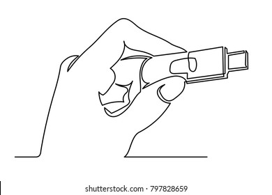continuous line. A female hand holds a flash card for connection to a computer. Drawing of a thin black line by hand on a white background.