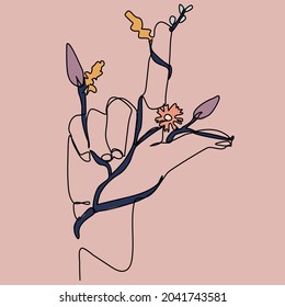 continuous line female hands in minimalist style Vector badge with hand holding rose, ginkgo leaf and olive branch gesture for cosmetic packaging, beauty studio, tattoo, spa, manicure, jewelry.
