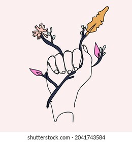 continuous line female hands in minimalist style Vector badge with hand holding rose, ginkgo leaf and olive branch gesture for cosmetic packaging, beauty studio, tattoo, spa, manicure, jewelry.
