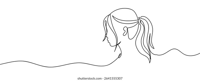 Continuous line, female person with ponytail hairstyle Hand drawn vector art lines on transparent background.