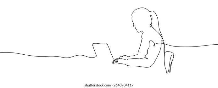 Continuous line. Female person is using laptop. Vector lines, cut background.