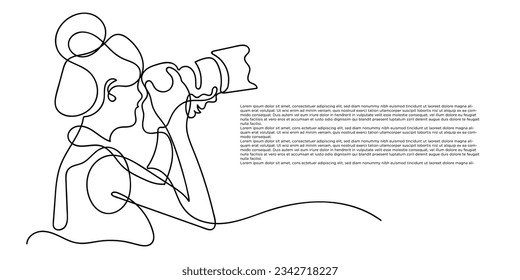 continuous line of female photographer.one line drawing of woman taking pictures.single line of woman holding camera