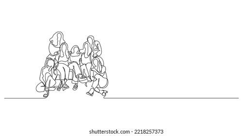 continuous line of female reunions. line drawing a group of women meet again after a long time. Capture the moment by taking pictures together