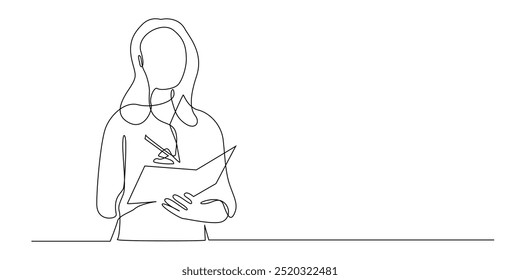 continuous line of female secretary preparing to write.one line drawing of female writer,standing and writing on paper,student,treasurer,journalist.single line vector illustration.