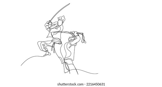 continuous line of fighter with sword. line drawing of abstract samurai fighter isolated on white background