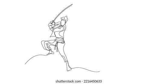 continuous line of fighter with sword. line drawing of abstract samurai fighter isolated on white background