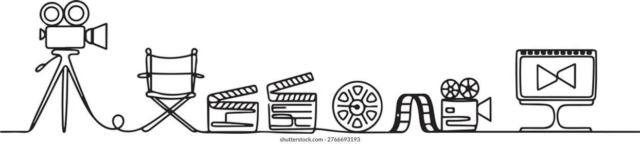 continuous line of film making process.one line drawing of shooting process. single line of filming activity. one line Icon drawing
