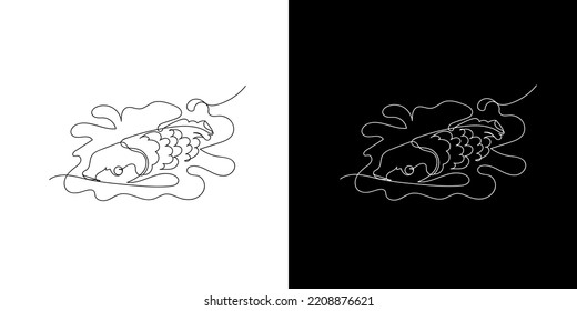 continuous line of fish appearing on the surface of the water. line drawing of fish breathing on the surface of the water