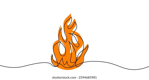 Continuous line flame icon in color. A simple line drawing of a burning fire with color in a minimalist style on a white background. Vector illustration