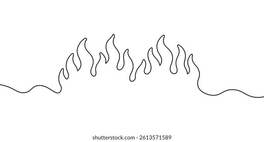 Continuous line flame icon. A minimalist black line drawing of flames in a simple, flowing pattern, with smooth curves and an elegant design. Vector illustration
