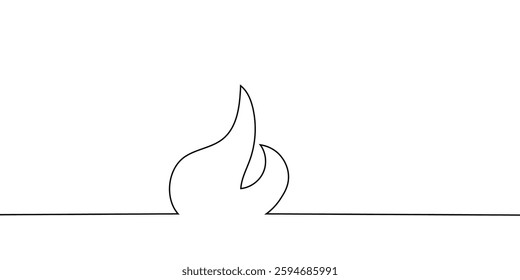 Continuous line flame icon. A simple black line drawing of a burning fire in a minimalist style on a white background. Vector illustration