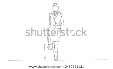 continuous line of flight attendant.one line drawing of flight attendant walking with travel bag.isolated white background