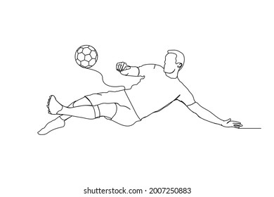 Continuous line floating soccer player kicks a ball in the air.