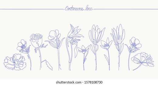 Continuous line flower. Floral set, abstract, modern art. Fashion concept, one line drawing for use in design.