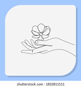 Continuous line, Flower in hands. Drawing of set Give. (Vector illustration one line drawing)