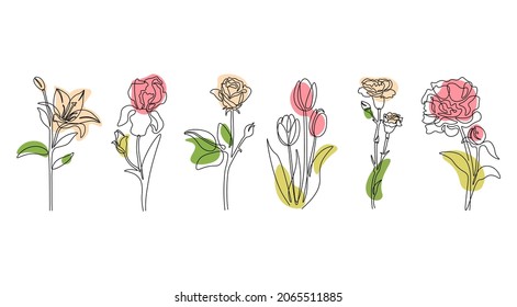 Continuous line flowers. Abstract modern one line minimalistic spring and summer flowers in row, simple hand drawn botanical art. Vector illustration